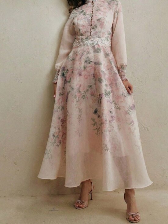 MODA ME COUTURE Dresses & Skirts - Pink Elegant Women's Floral Ombre Print Mandarin Collar Long Sleeve Dress